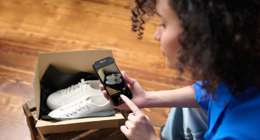 Junge Frau fotografiert ihre gebrauchten Schuhe, die sie verkaufen möchte.